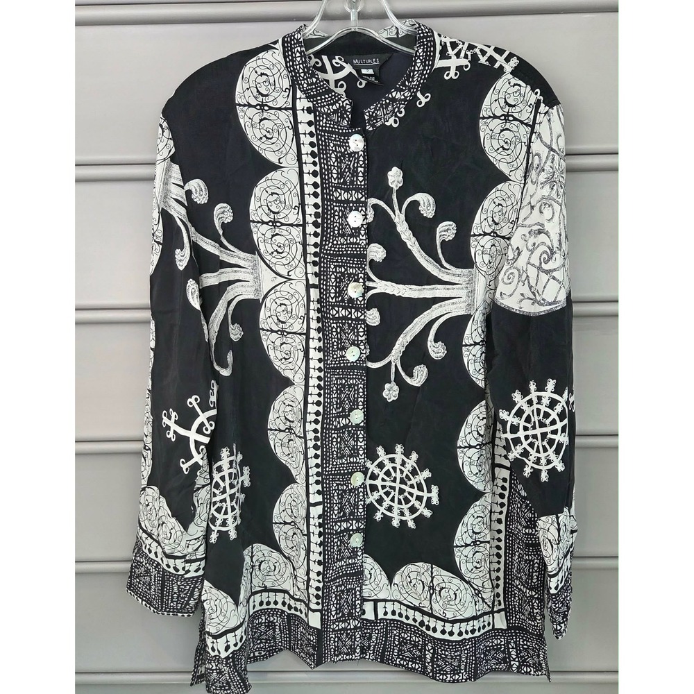 Multiples Women 100% Silk Button Down Blouse Tunic‎ Black White Print Size 2